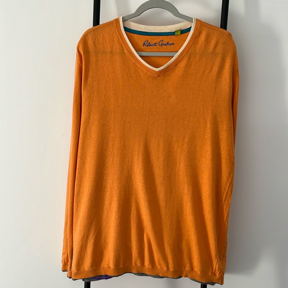 Robert Graham V-neck Sweater Knit Long Sleeve Orange Cotton Silk Men Size XL